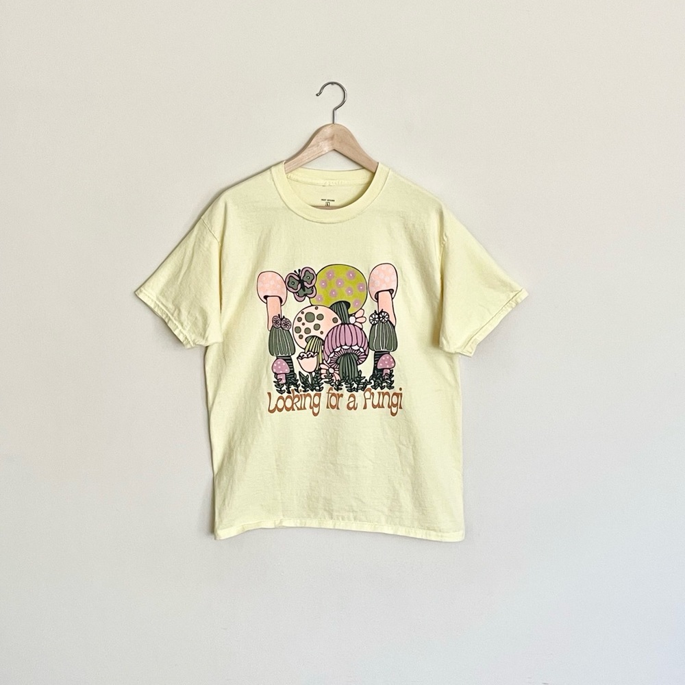 Looking for a Fungi Mushroom Graphic Light Yellow T Shirt Adult size Large